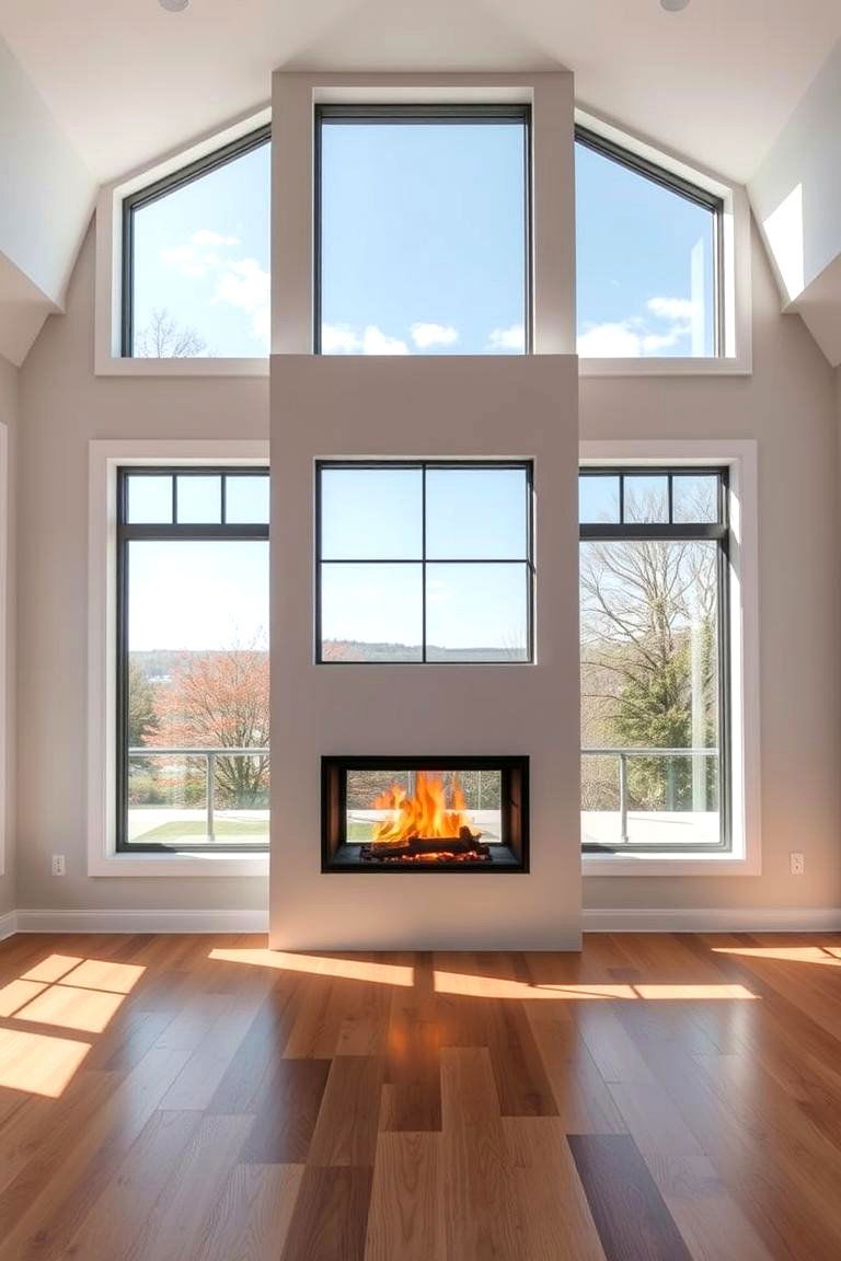 Multi Panel Fireplace with Glass Surround - 25 Fireplace Between Windows Ideas