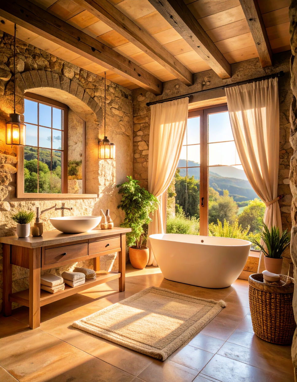 Natural Light Through Large Windows Tuscan Bathroom Ideas