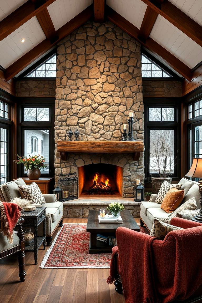 Natural Stone Fireplace - 25 Farmhouse Sunroom Ideas