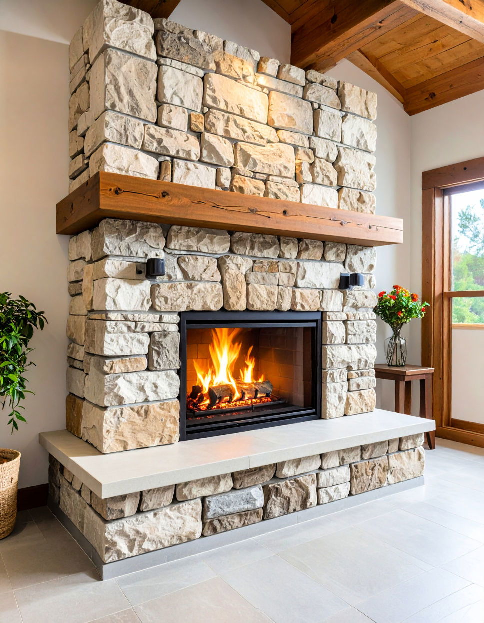 Natural Stone Floor to Ceiling Fireplace