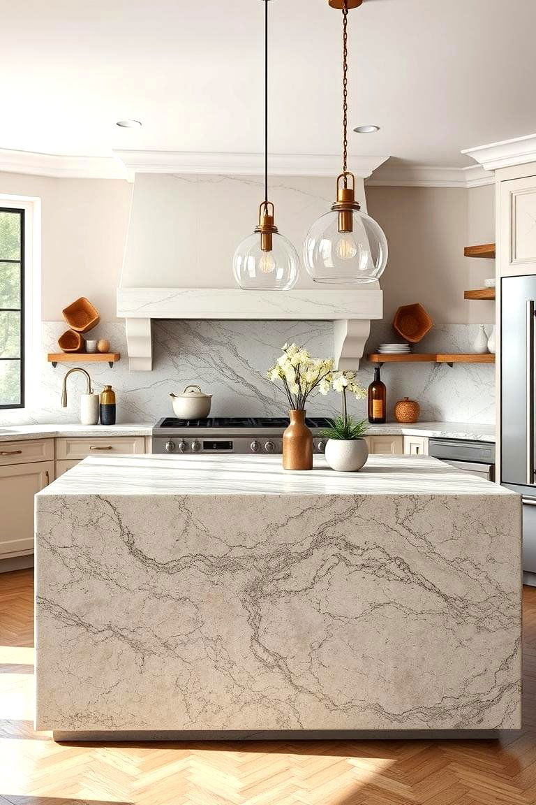 Natural Stone Island with Bold Texture - 25 Farmhouse Kitchen Island Ideas