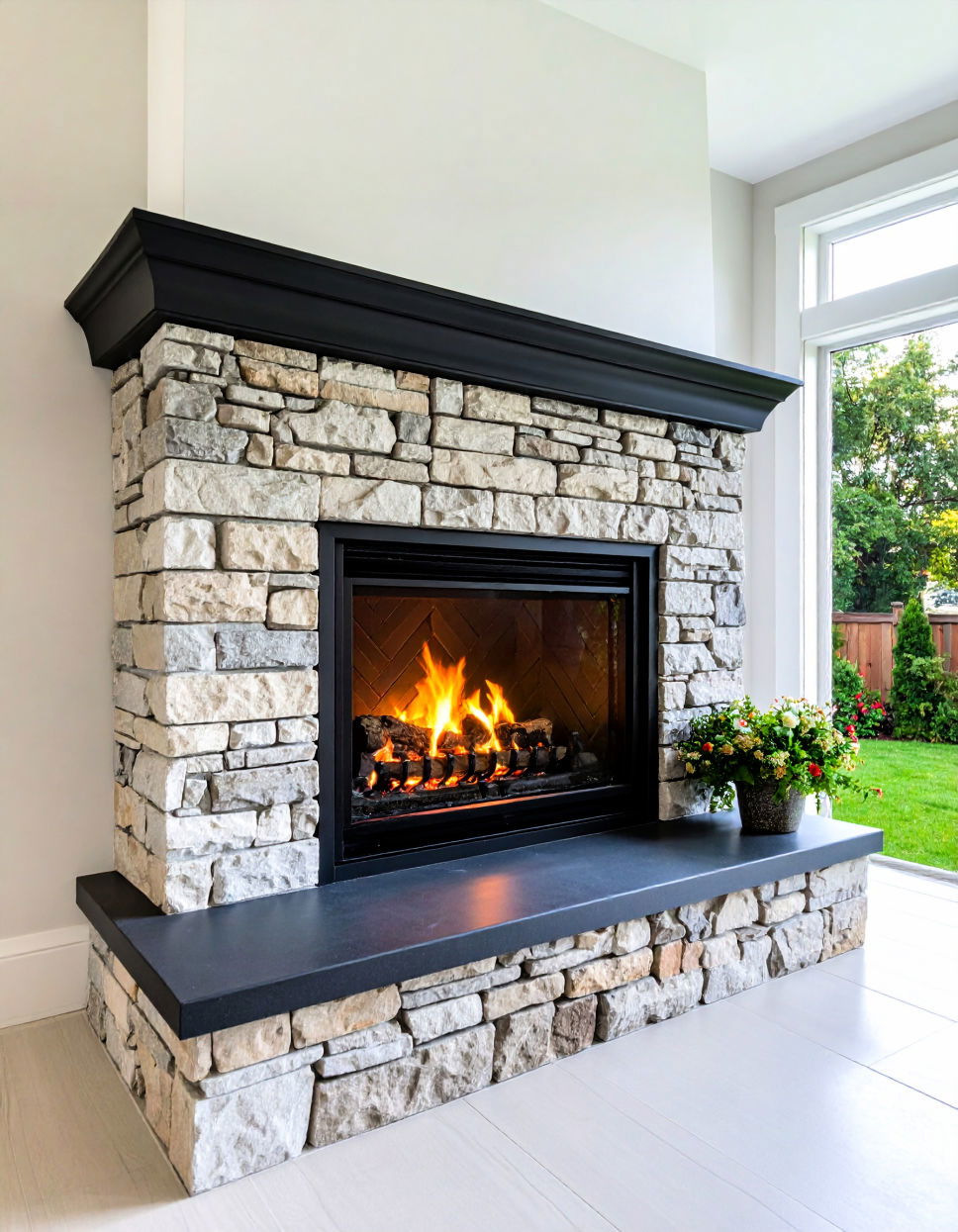 Natural Stone Surround With a Black Fireplace Insert Idea