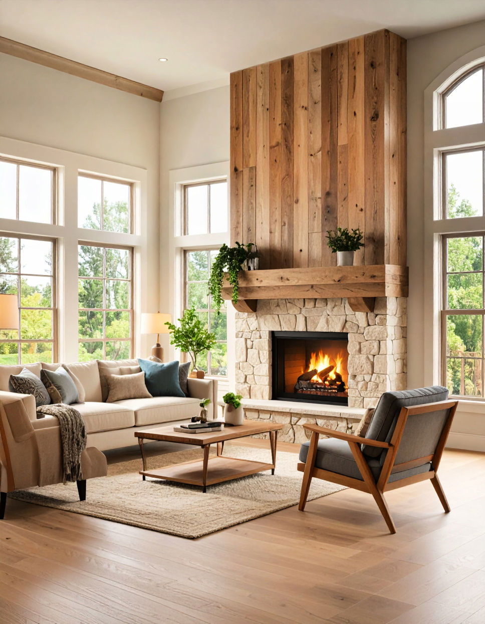 Natural Wood Accents for Organic Warmth Two story Fireplace Ideas