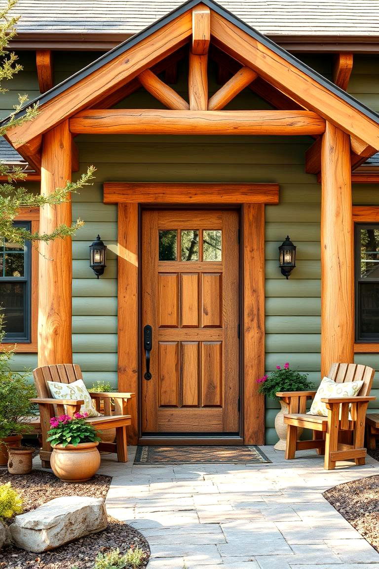 Natural Wood Accents for a Rustic Look - 25 Exterior House Color Schemes With Sage Green Siding
