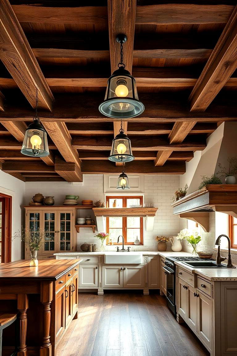 Natural Wood Beams for Rustic Appeal - 25 French Country Kitchen Ideas