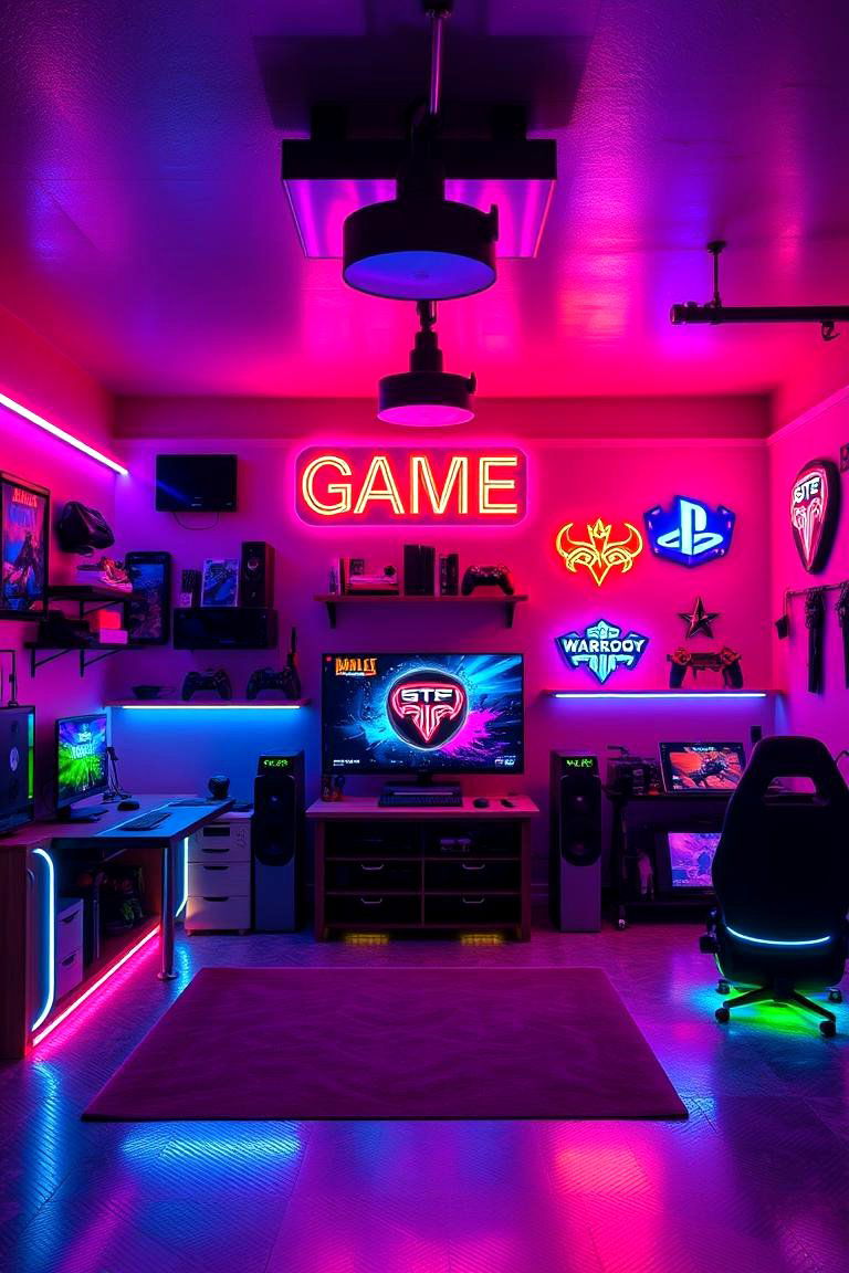 Neon Lights and LED Decor - 25 Garage Game Room Ideas