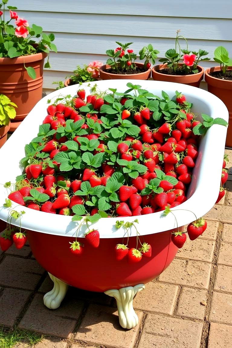 Old Bathtub Planters for Whimsical Appeal - 25 Strawberry Planter Ideas