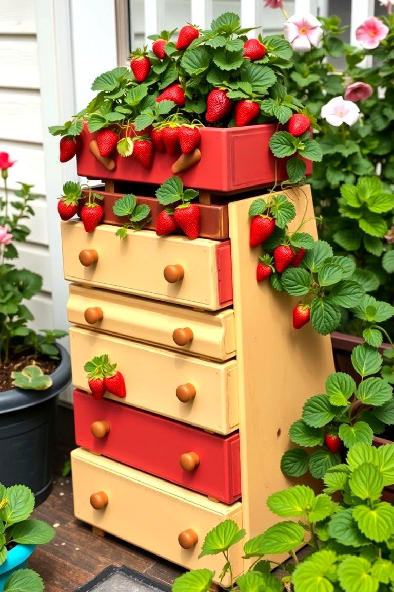 Old Dresser Drawers for Repurposed Charm - 25 Strawberry Planter Ideas