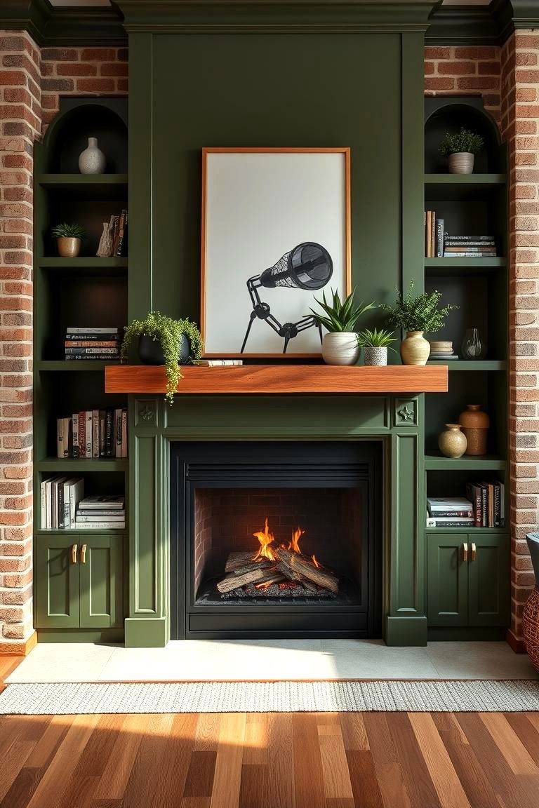 Olive Green Built in Shelving - 25 Green Fireplace Ideas