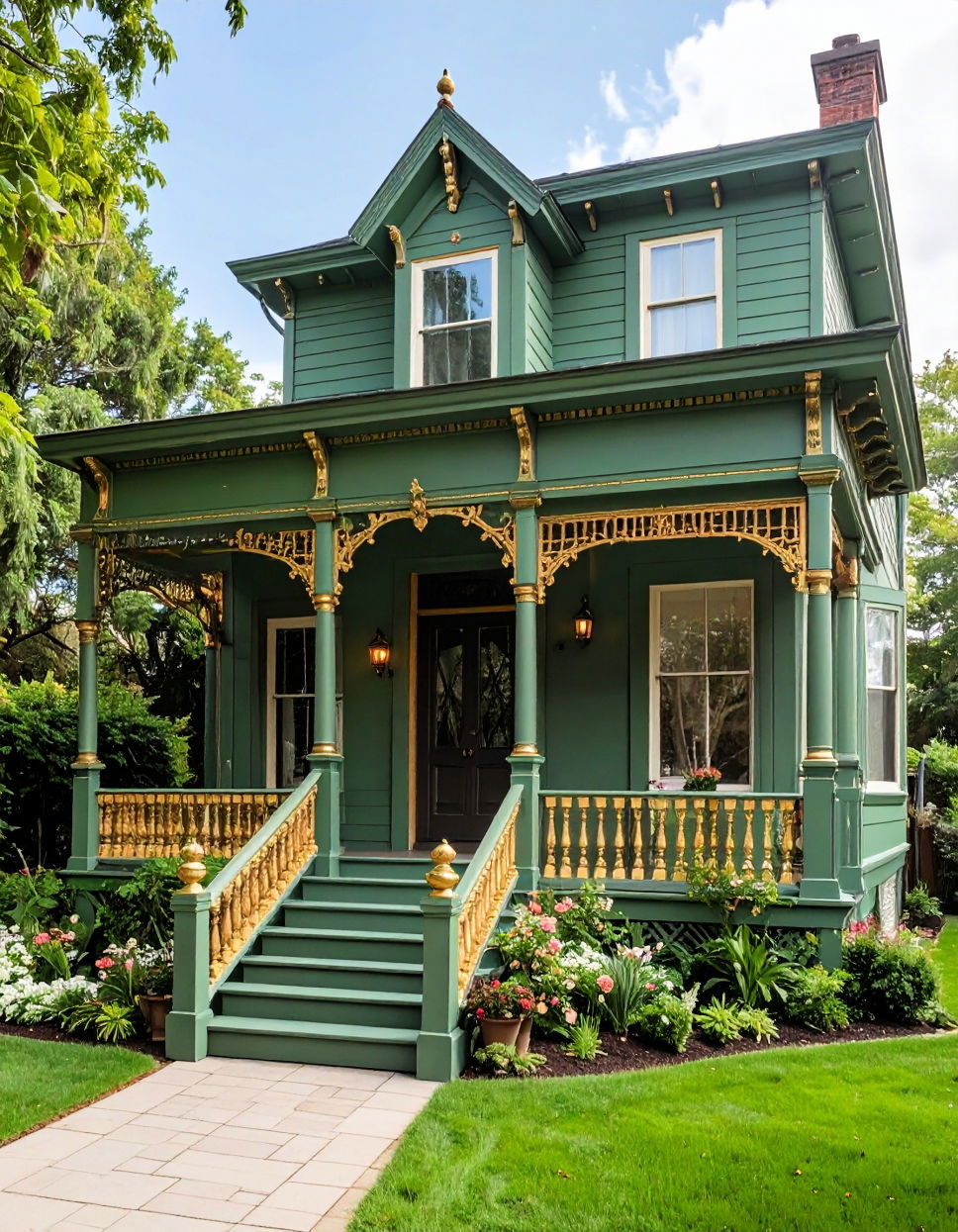 Olive Green with Gold Accents Green Victorian House Colors