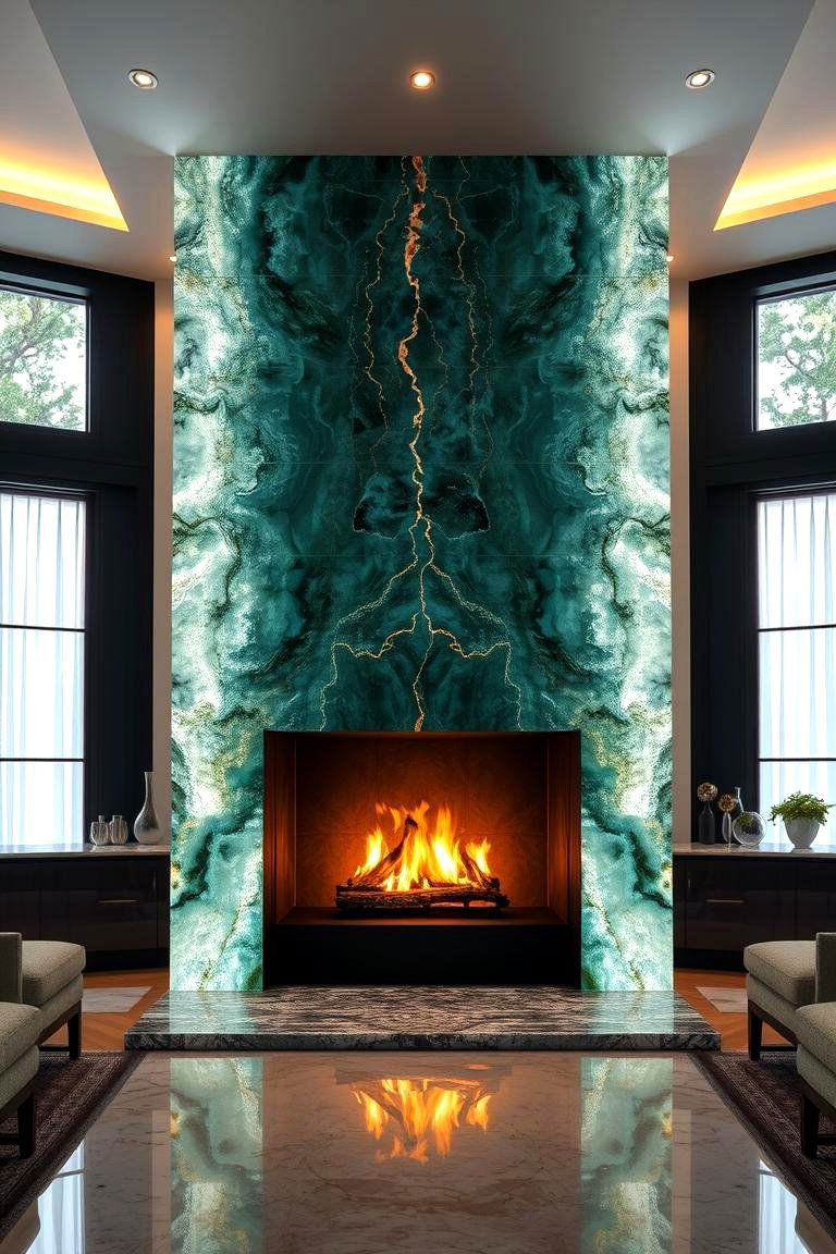 Onyx for a Luxurious Iridescent Effect - 25 Floor to Ceiling Stone Fireplace Ideas