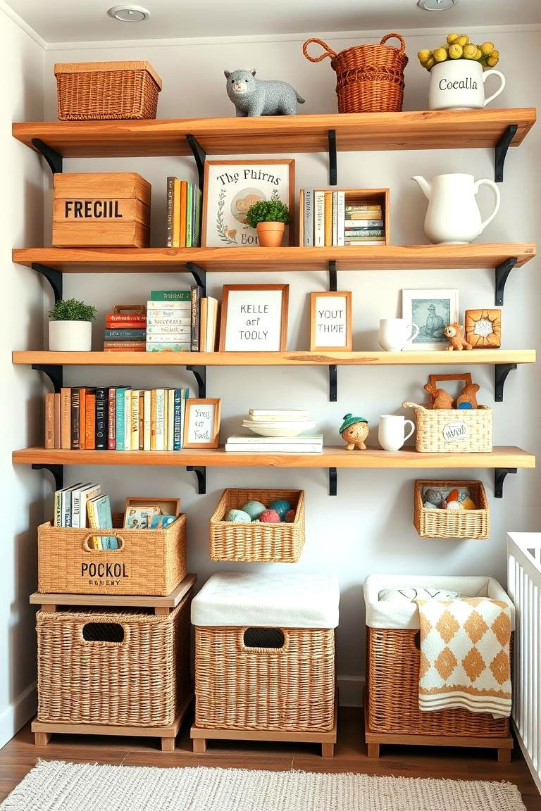 Open Shelving for Display and Storage - 25 Farmhouse Nursery Ideas