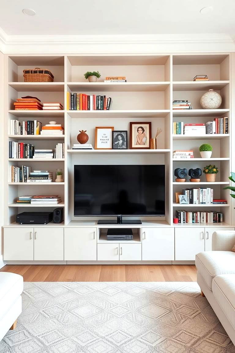 Open Shelving for Easy Organization - 25 Tv Room Ideas