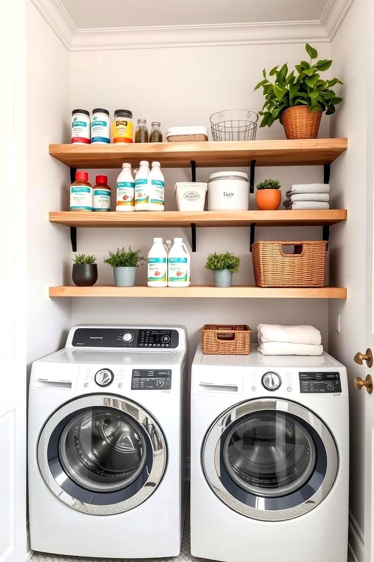Open Shelving for Storage and Display - 25 Farmhouse Laundry Room Ideas