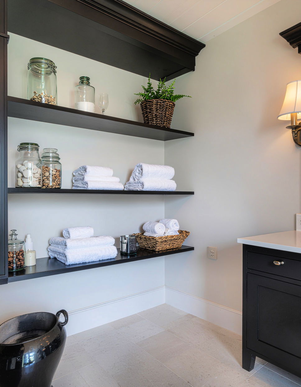 Open Shelving with Decorative Storage Traditional Bathroom Ideas
