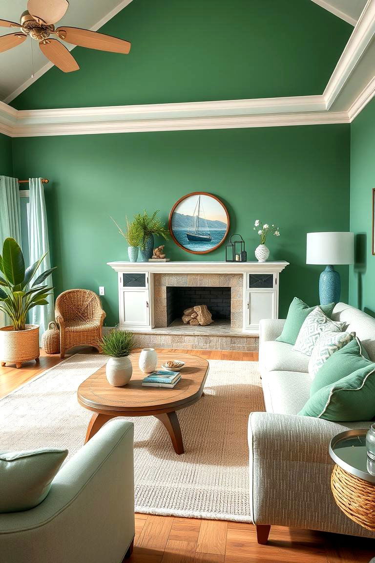 Opt for a Coastal Green Color Scheme - 25 Forest Green Living Room Ideas