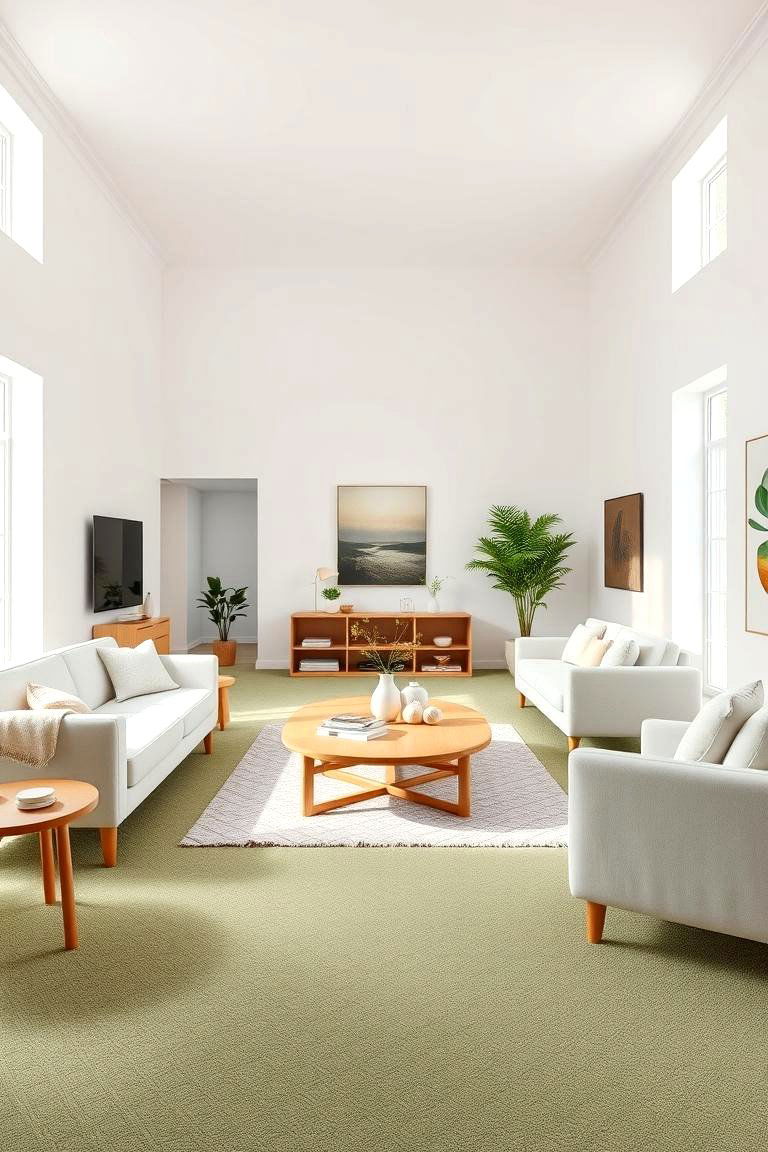 Opt for a Natural Light Green Carpet for an Open Feel - 25 Green Carpet Living Room Ideas