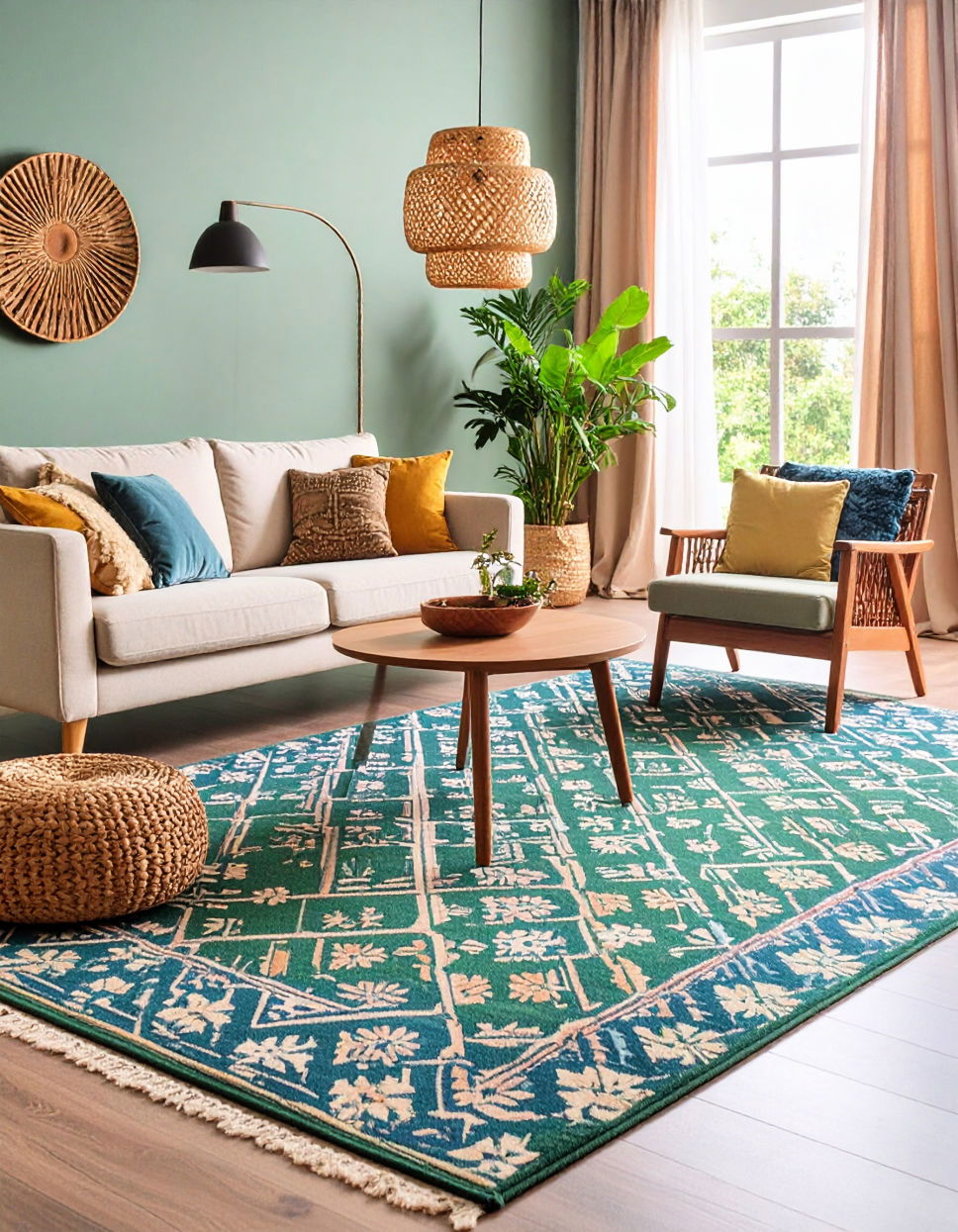 Opt for a Patterned Green Carpet for Visual Interest