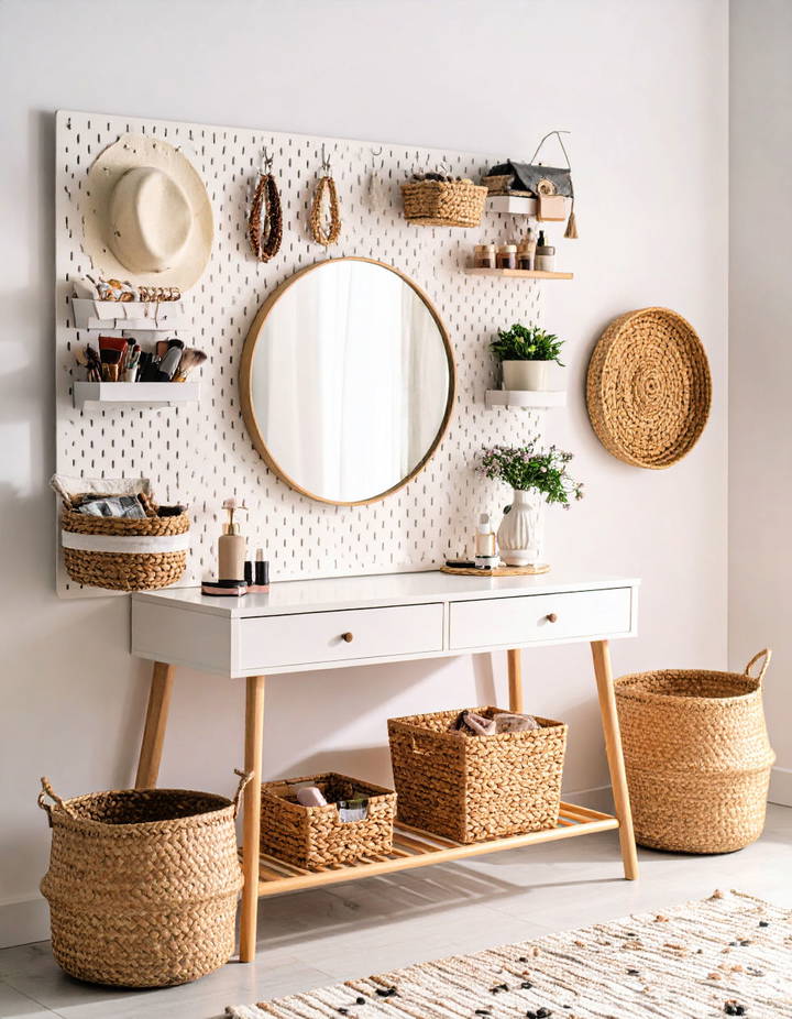 Optimizing Wall Space with a Pegboard for Accessories Vanity Room Ideas