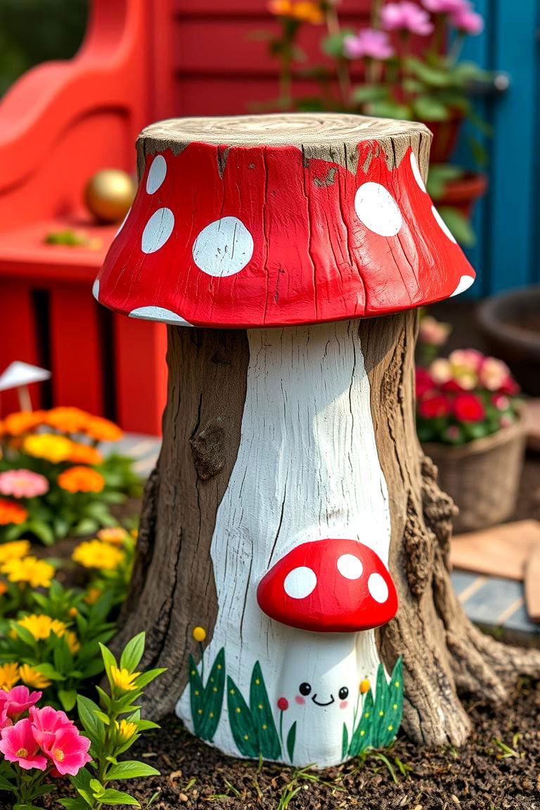 Paint a Tree Stump to Look Like a Toadstool - 25 Tree Stump Decorating Ideas