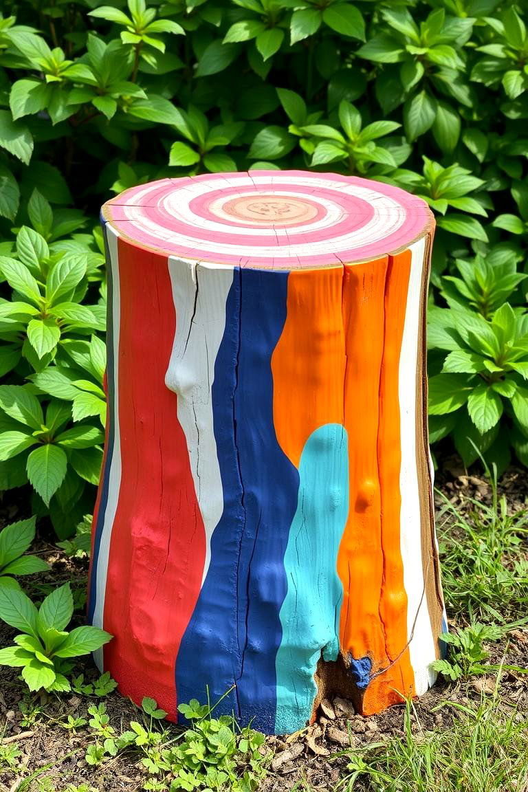 Paint a Tree Stump with Bright Colors - 25 Tree Stump Decorating Ideas