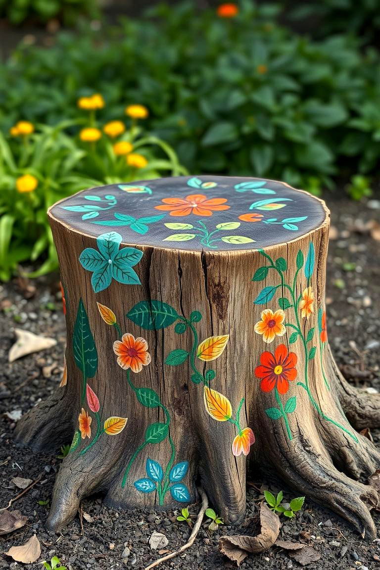 Paint a Tree Stump with Nature Inspired Designs - 25 Tree Stump Decorating Ideas