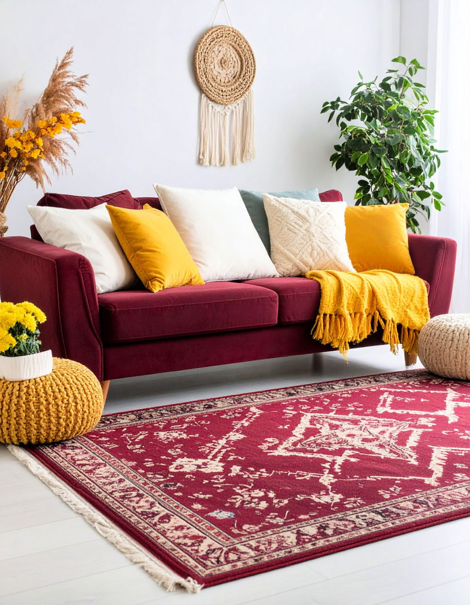 Pair with Bright Accent Colors Burgundy Sofa Living Room Idea
