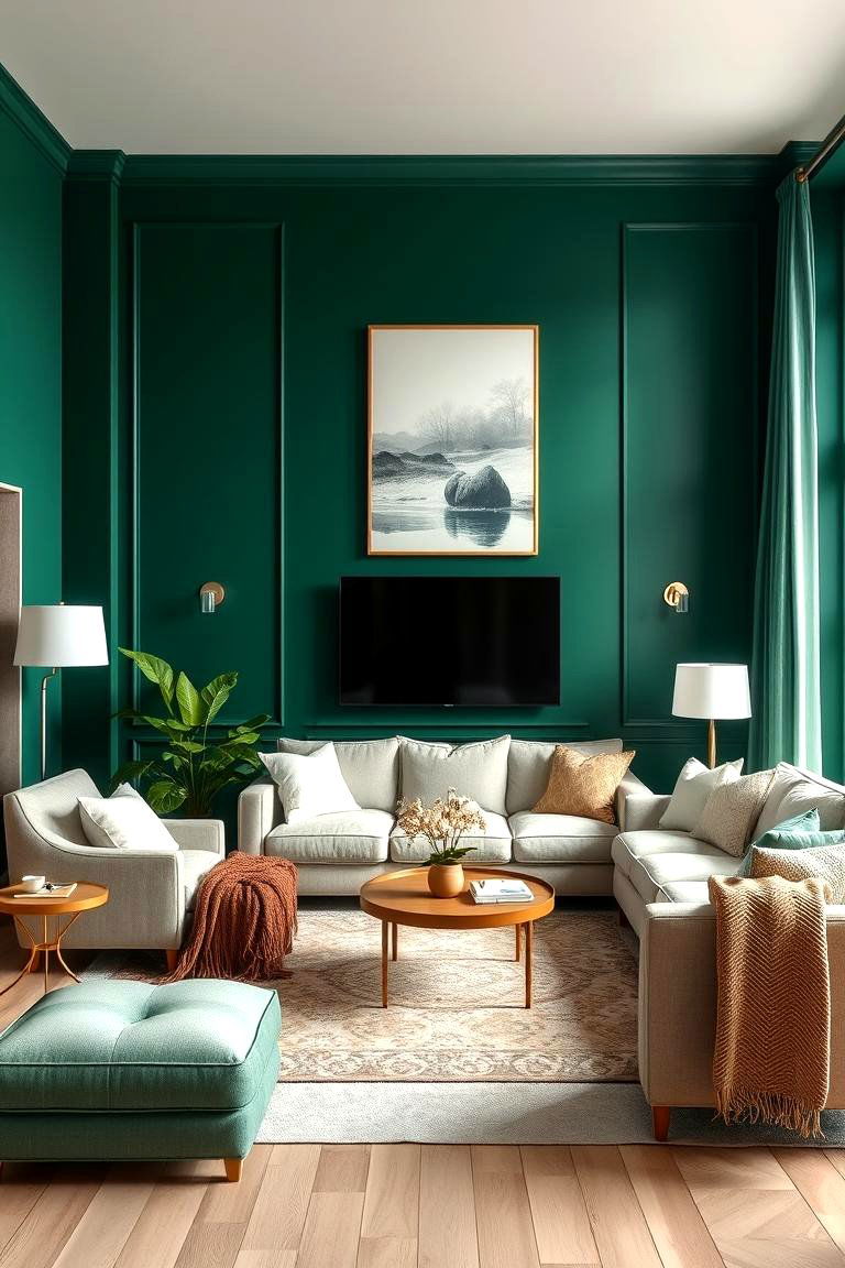 Pair with Light Neutrals for a Balanced Look - 25 Forest Green Living Room Ideas