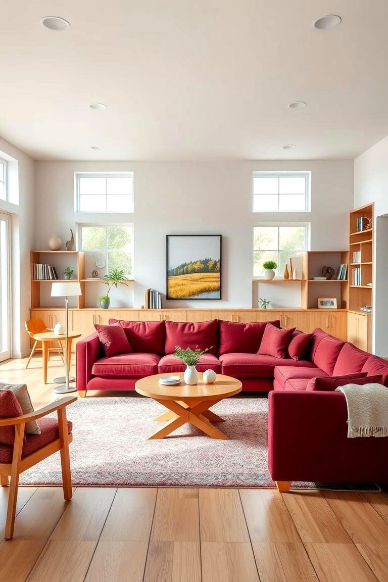 Pair with Light Wooden Furniture - 25 Burgundy Sofa Living Room Ideas