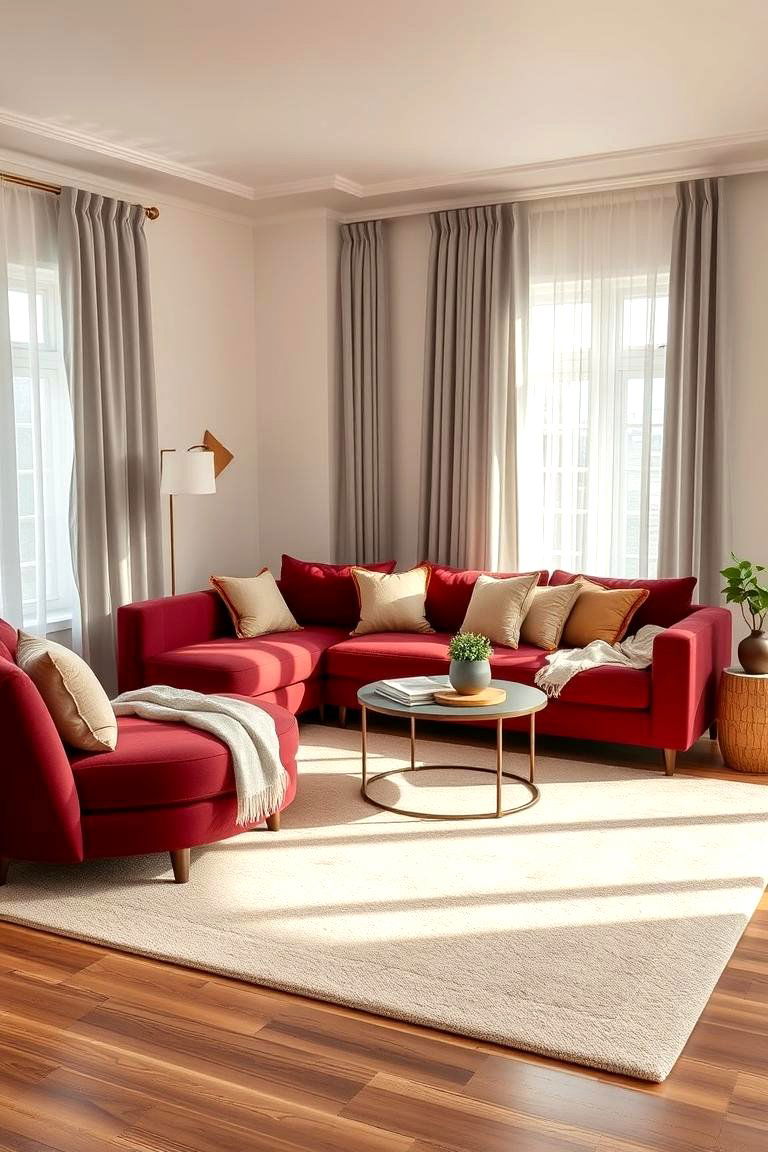 Pair with Soft Neutrals for a Balanced Look - 25 Burgundy Sofa Living Room Ideas