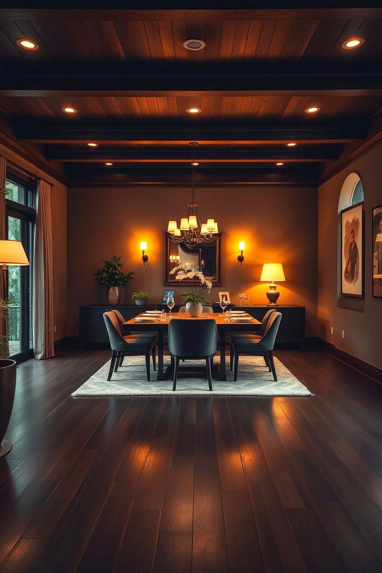 Pair with Warm Lighting - 25 dark wood floor dining room ideas