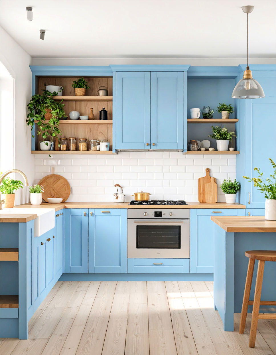 Pale Blue and Natural Wood Two Tone Kitchen Cabinet Ideas