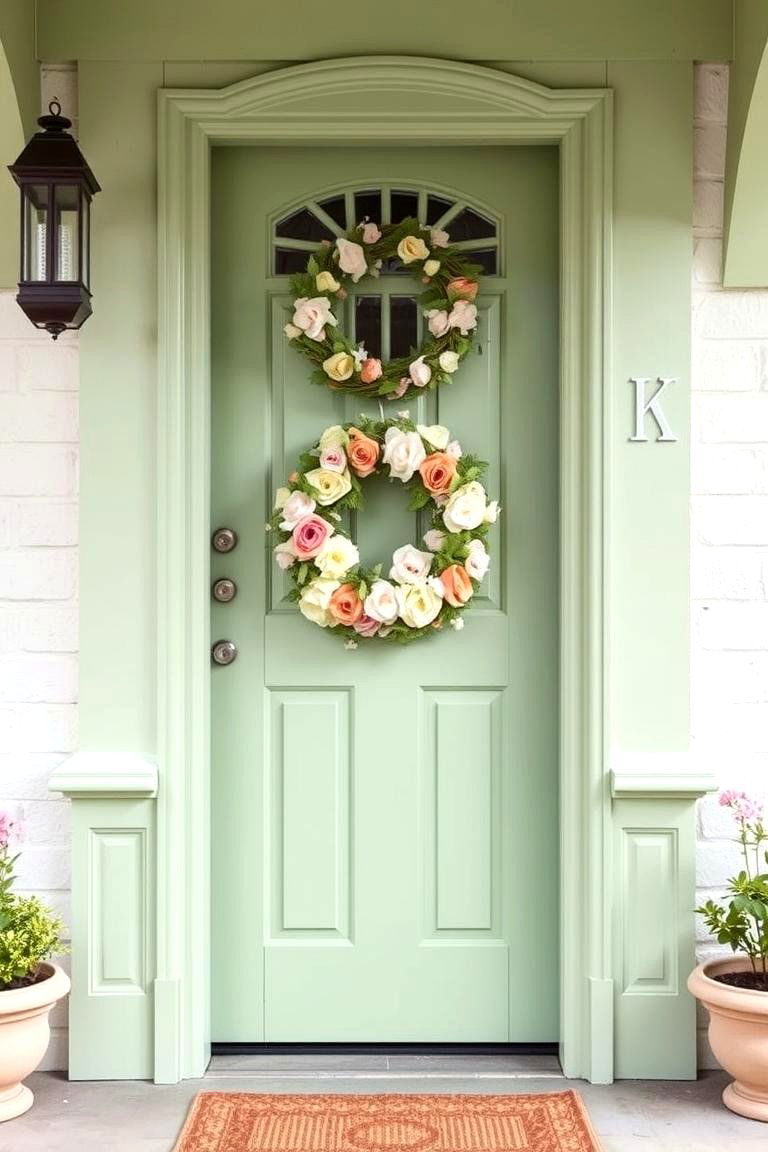 Pale Green with Floral Accents for a Charming Appeal - 25 Green Front Door Ideas