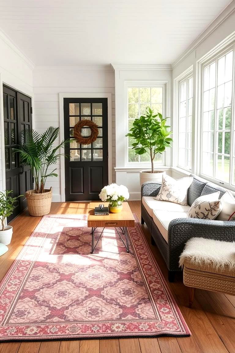 Patterned Area Rugs - 25 Farmhouse Sunroom Ideas
