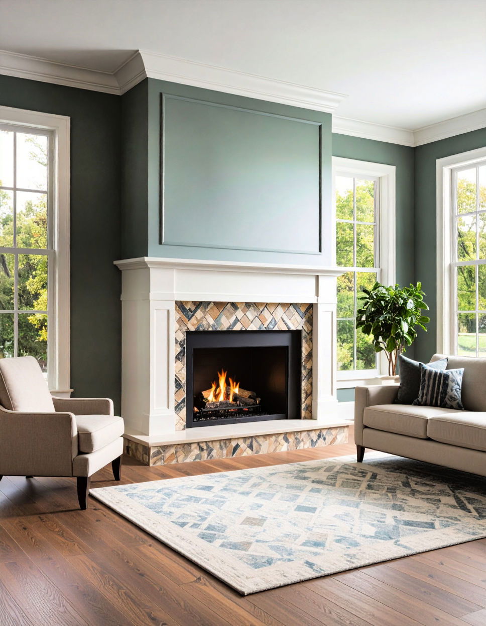 Patterned Tile Inlay for Zoned Definition Two story Fireplace Ideas