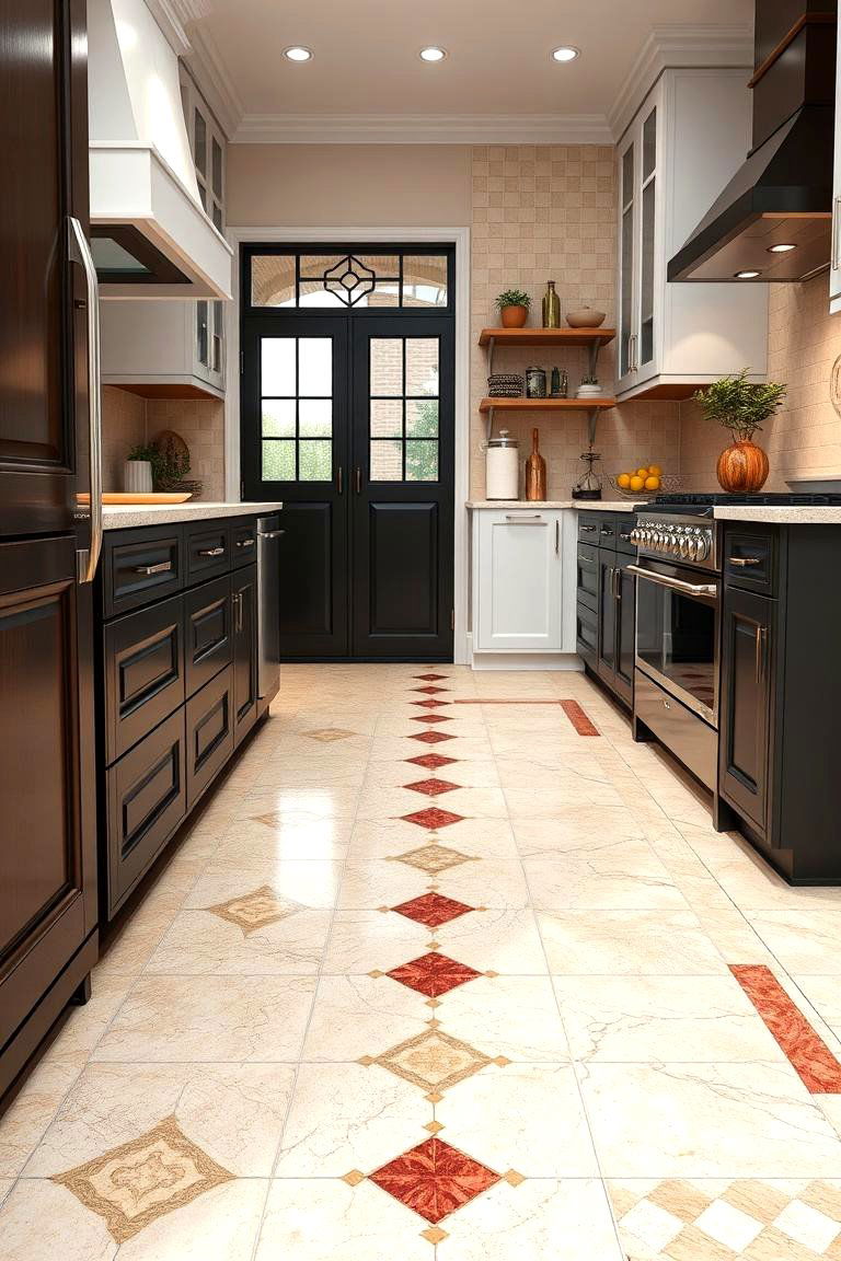 Patterned Travertine Inlays - 25 Travertine Floor Kitchen Ideas