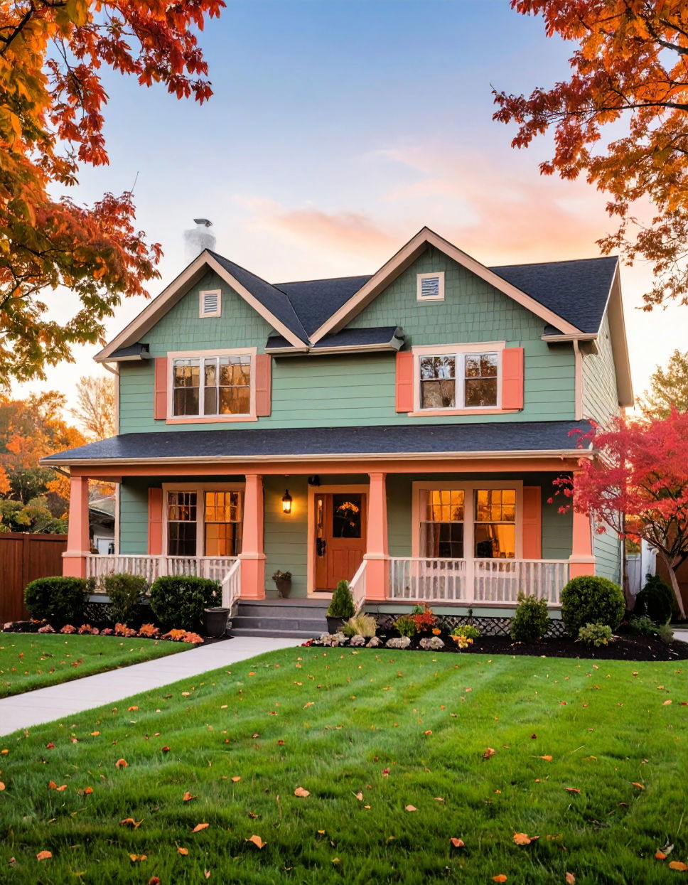 Peachy Coral for a Warm Sunset Effect Exterior House Color Schemes With Sage Green Siding