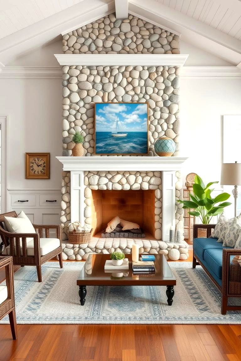 Pebble Stone for a Coastal Feel - 25 Floor to Ceiling Stone Fireplace Ideas