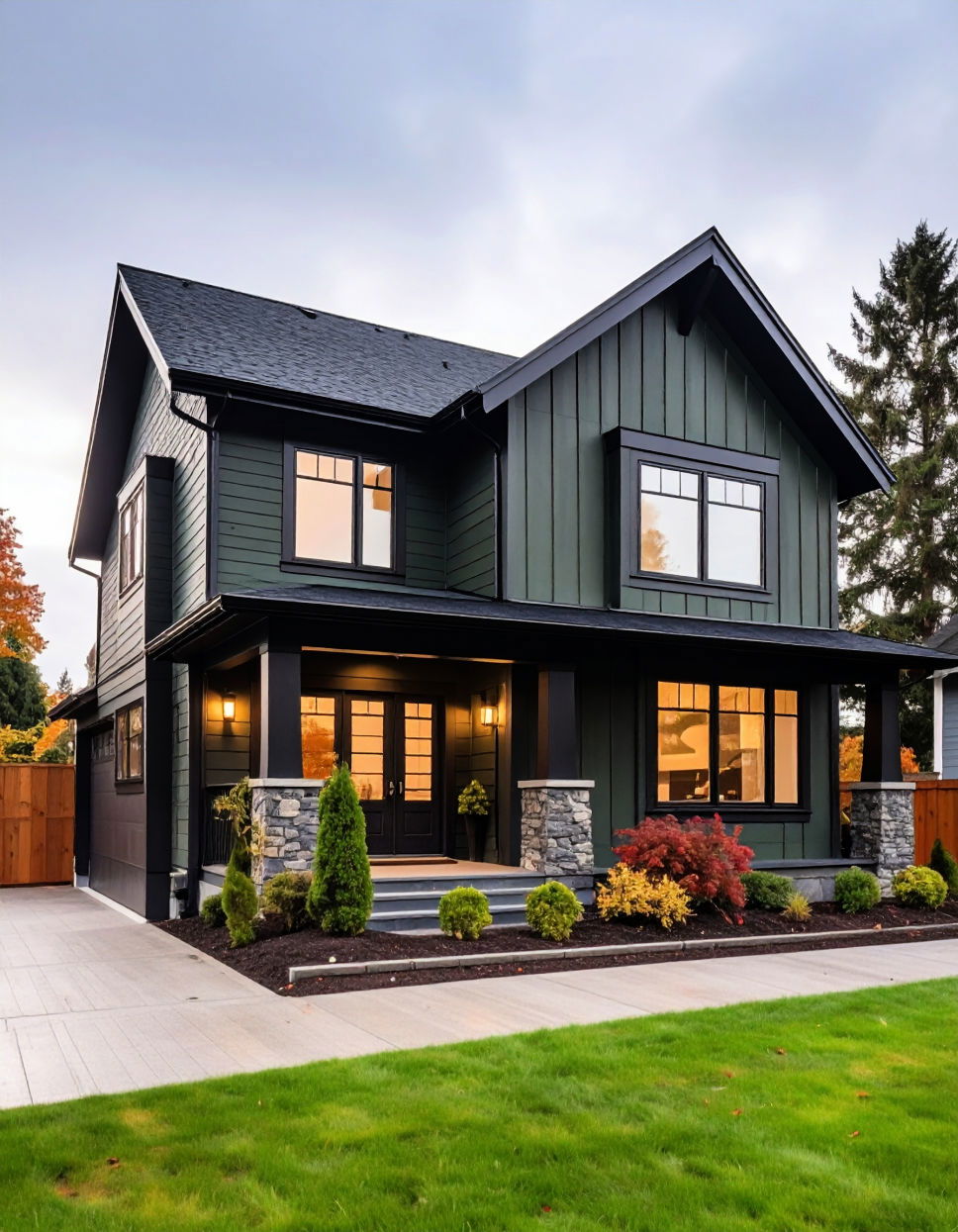 Perfect for a Low Maintenance Exterior Dark Olive Green House With Black Trim