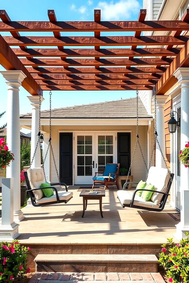 Pergola with Swinging Loungers for Relaxation - 25 Front Porch Pergola Ideas