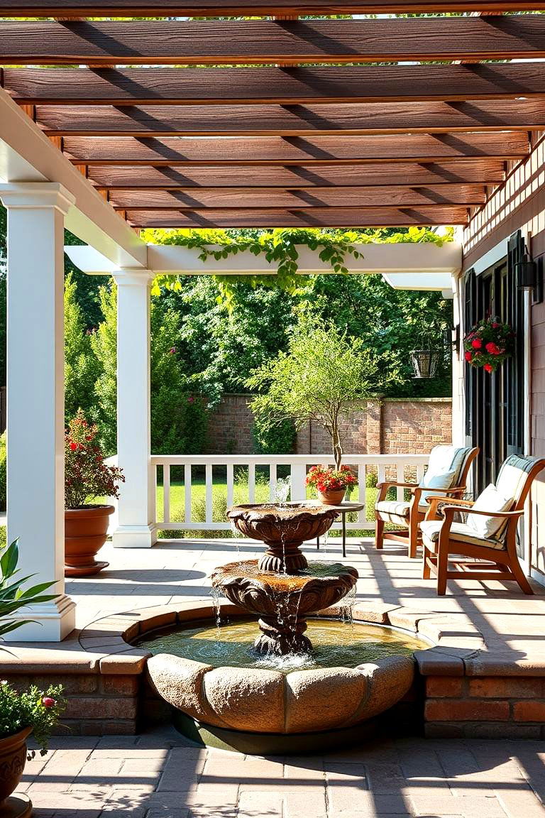 Pergola with a Water Feature for a Relaxing Ambience - 25 Front Porch Pergola Ideas
