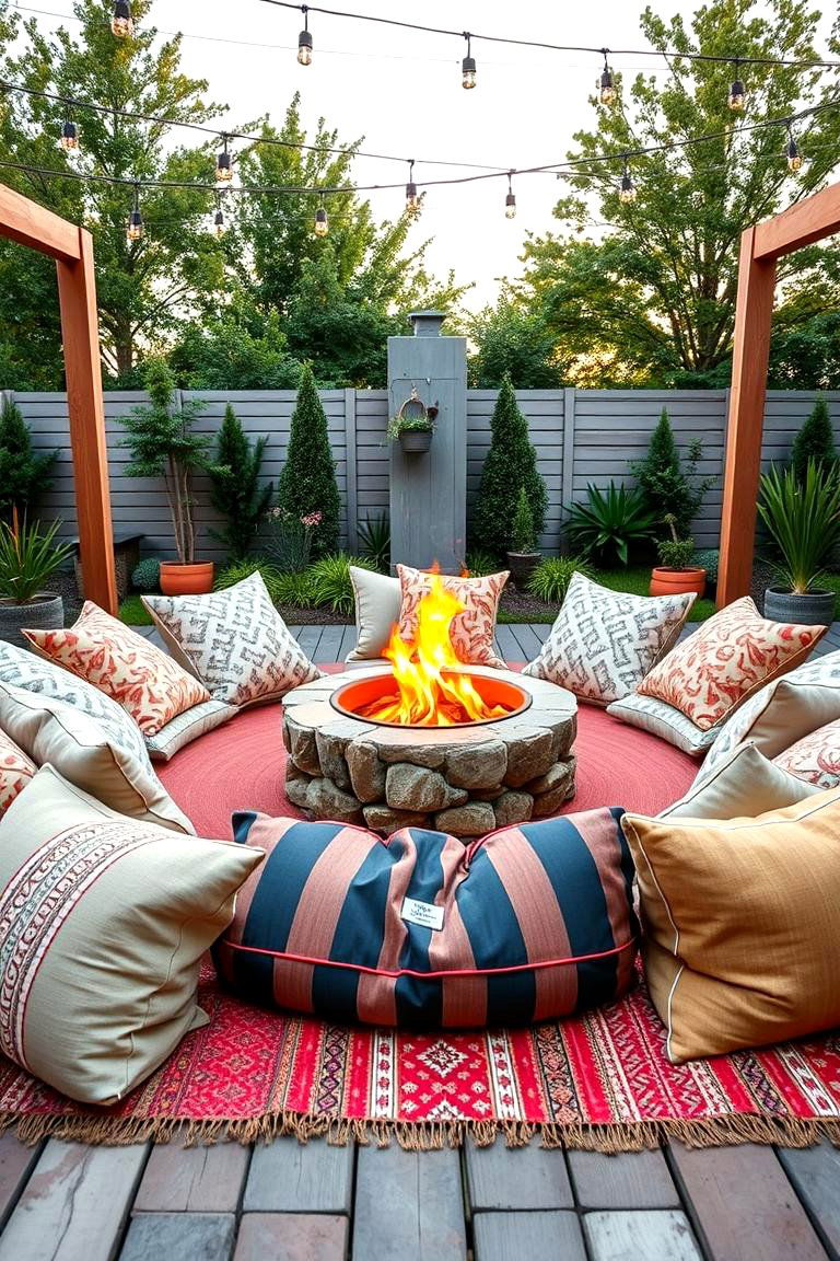 Pillowed Floor Seating for a Casual Look - 25 Fire Pit Seating Ideas