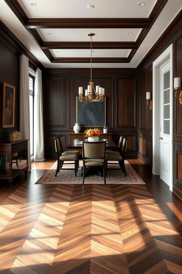 Play with Patterns in the Flooring - 25 dark wood floor dining room ideas