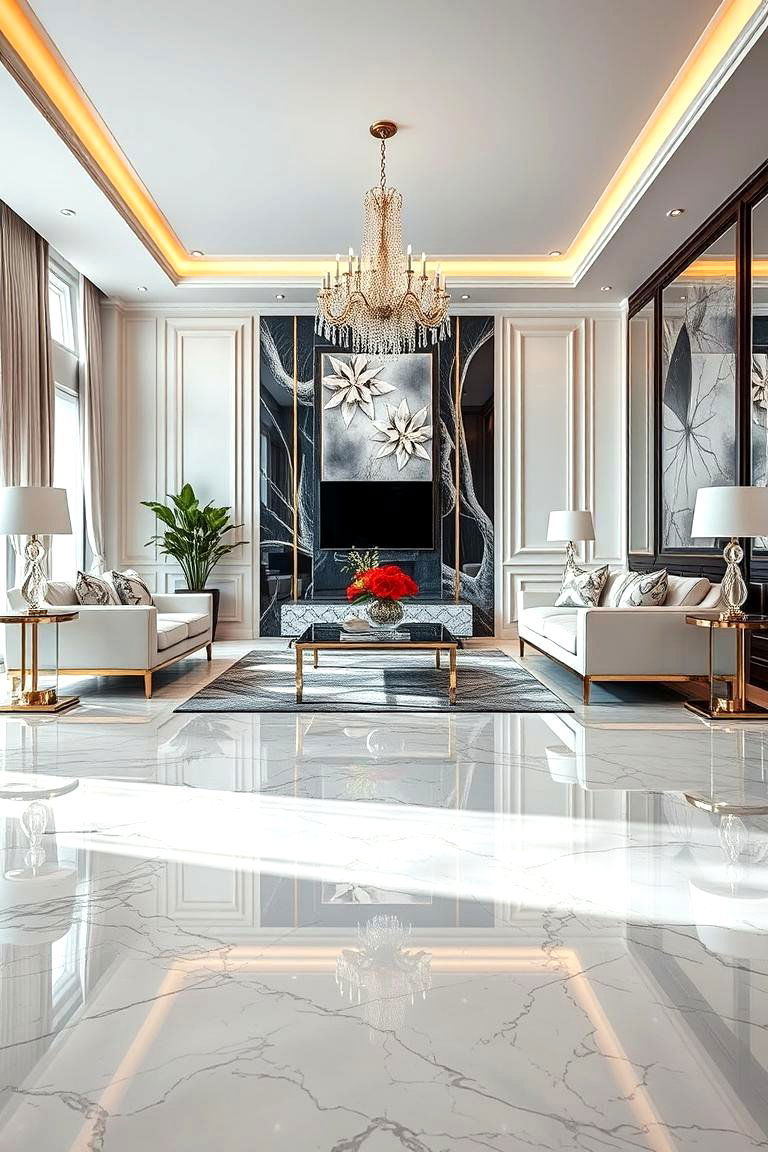 Polished Finish for High Glamour - 25 Marble Floor Living Room Ideas