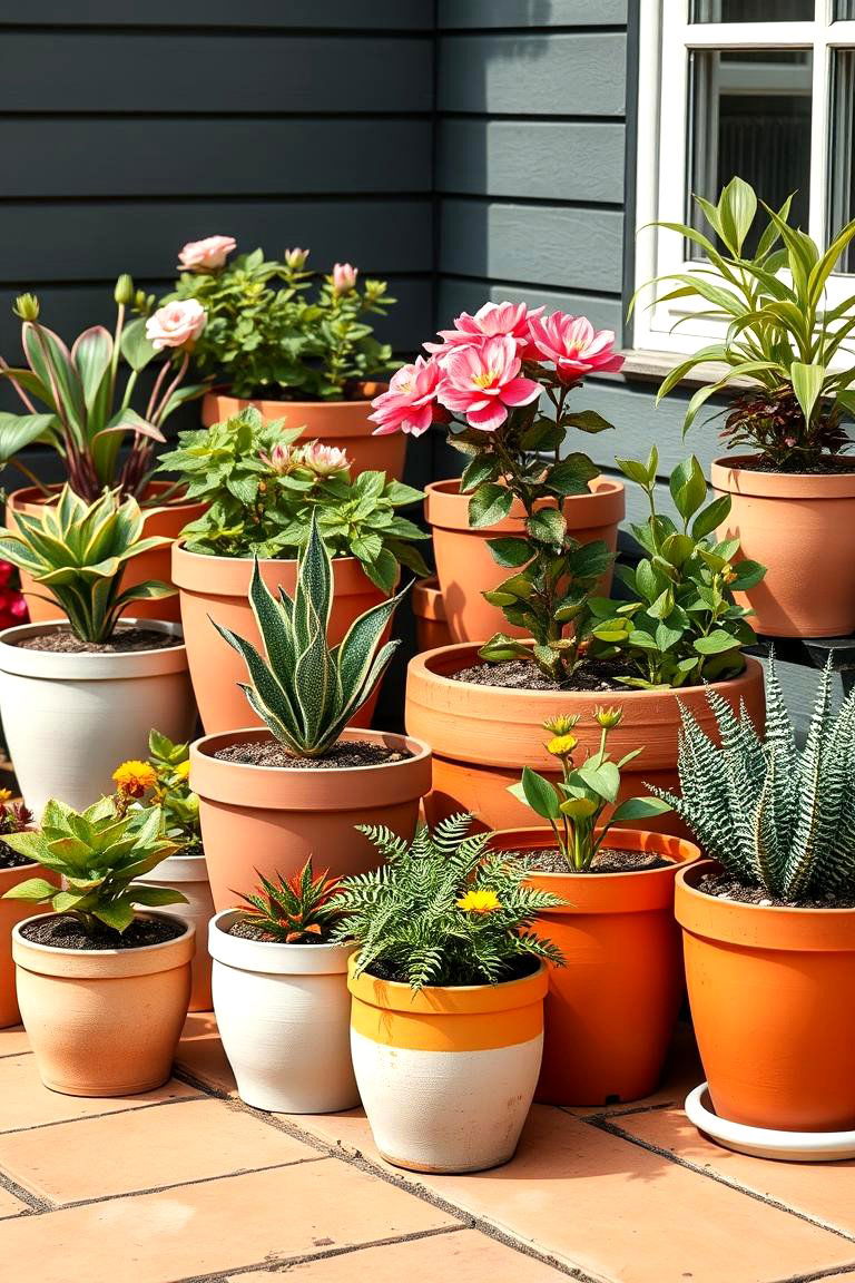 Potting Garden with Color Coordinated Pots - 25 Corner Garden Ideas With Pots