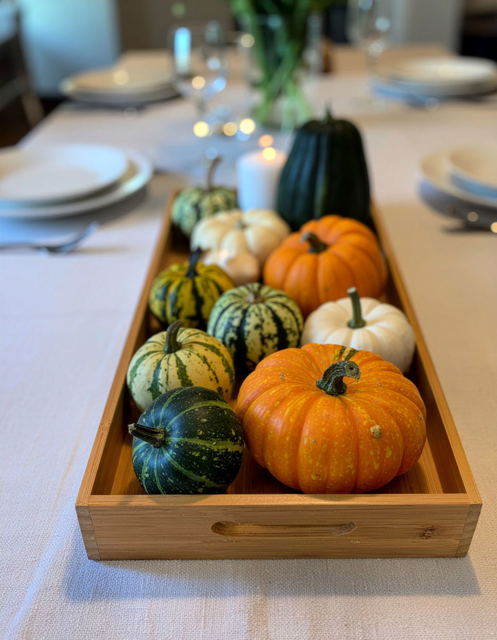 Pumpkins and Gourds in a Wooden Tray Thanksgiving Centerpiece Ideas