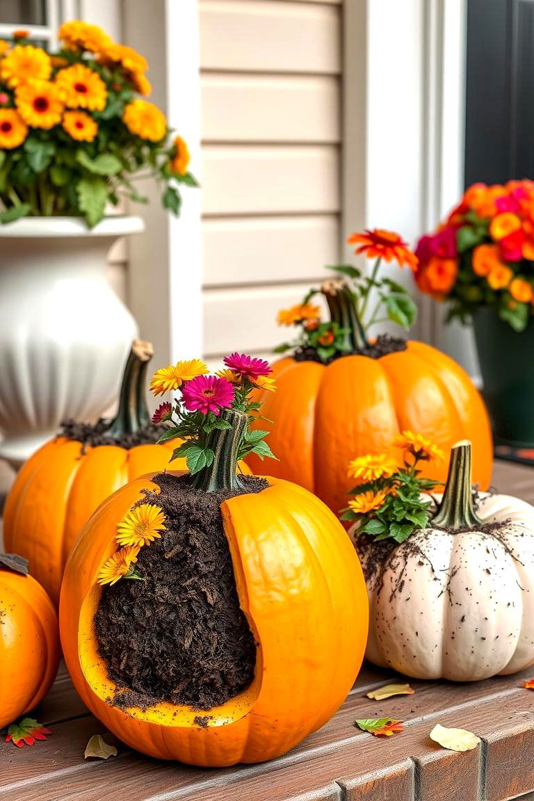 Pumpkins as Planters - 25 Fall Porch Decor Ideas