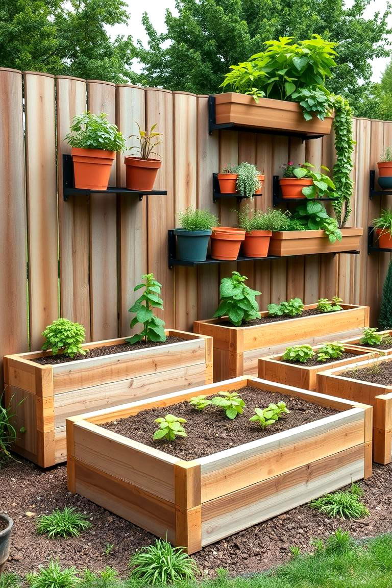 Raised Beds with Vertical Planters Above - 25 Raised Garden Bed Along Fence Ideas
