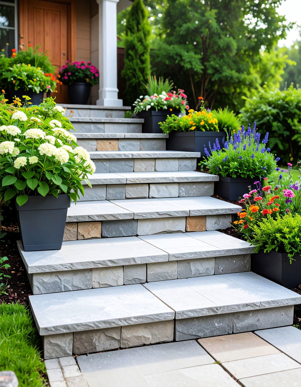 Raised Flagstone Steps Design with Planters