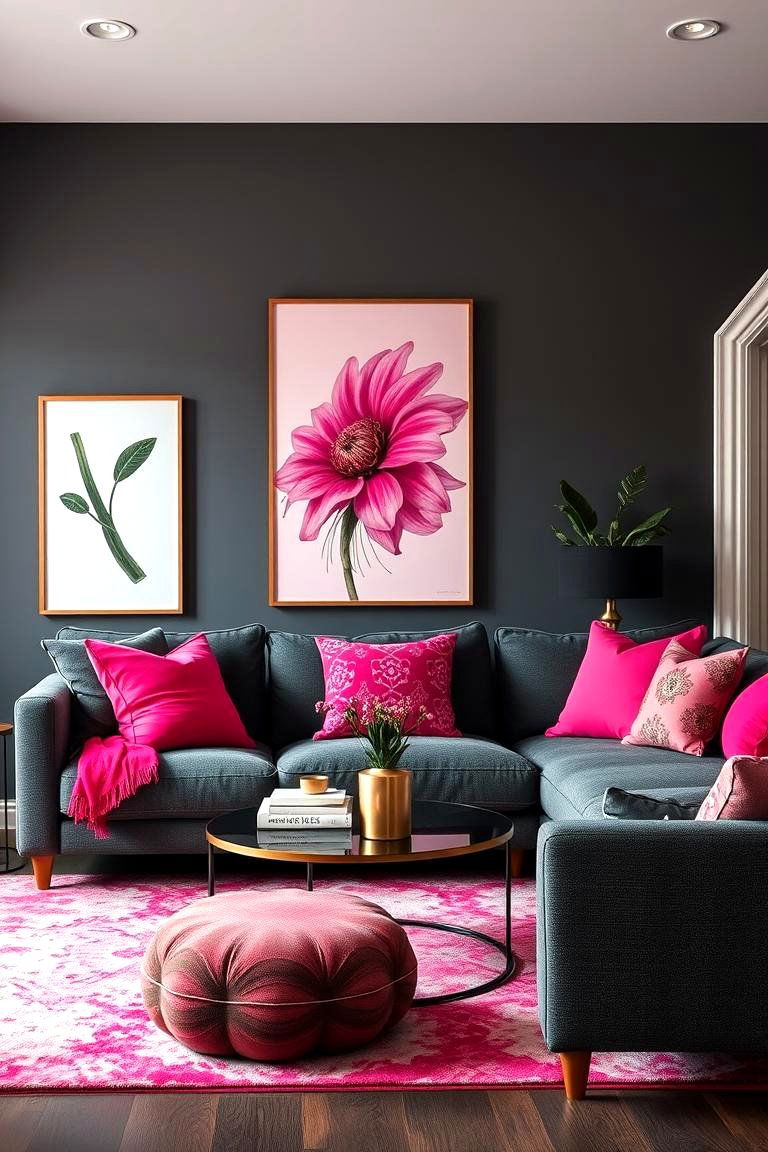 Raspberry Pink and Charcoal for Bold Playfulness - 25 Two Colour Combination for Living Room